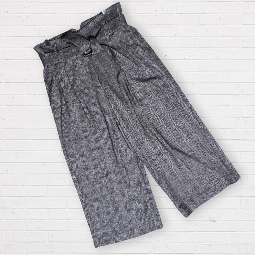 Tara Jarmon Paris Wide Leg Pants Wool Blend Culotte Crop Gray Herringbone 42/12